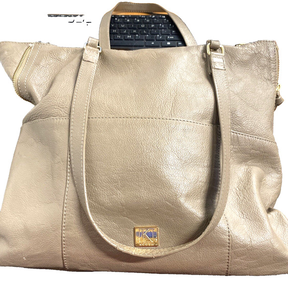 KOOBA Everette Large Leather Satchel Tote Bag Dark Beige Pockets Tassels Zippers - Picture 4 of 15